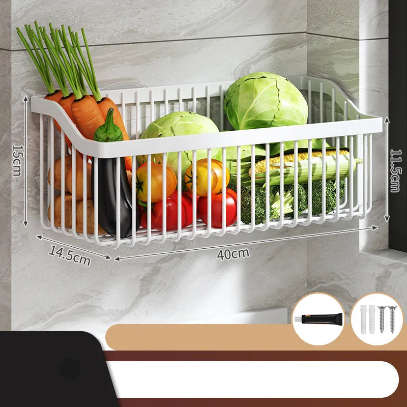 No Drill Wall Mounted Kitchen Storage Rack Metal Spice Organizer Vegetable Basket Shelf – White