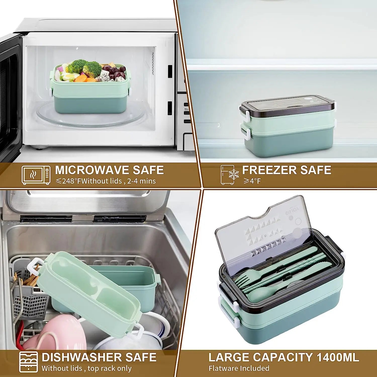 Lunch Box 3 Compartment Stainless Steel Leak Resistant Food Container Microwave Compatible – Green