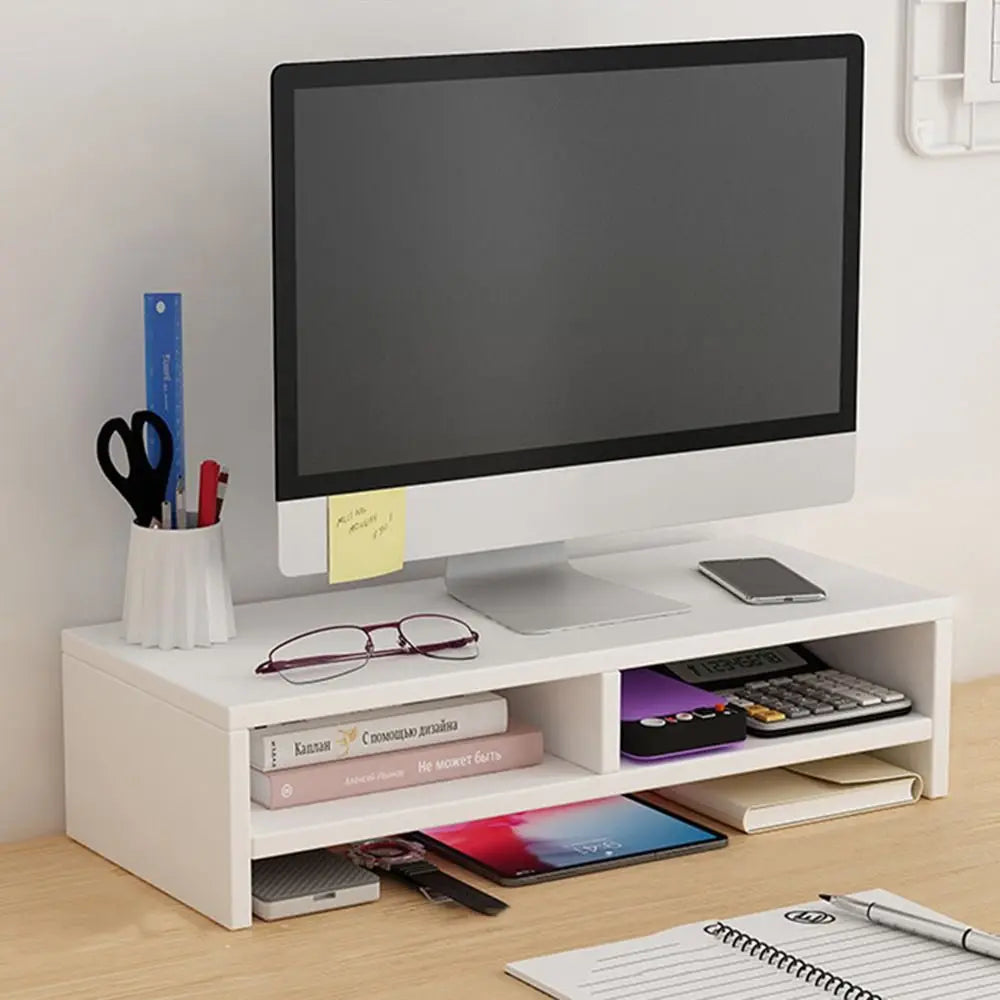 Wooden Monitor Stand Riser Double Layer Desktop Organiser with Storage Shelf – Brown