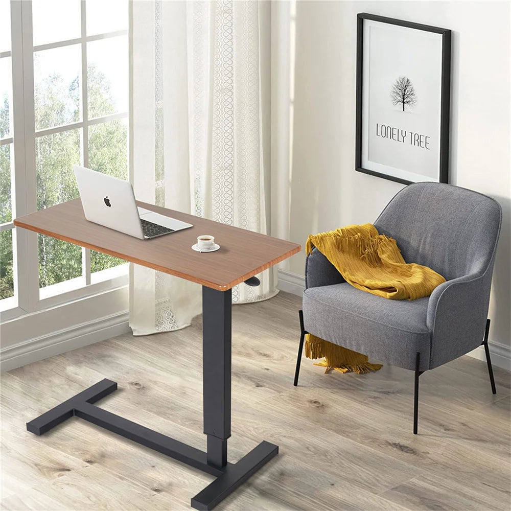 Overbed Laptop Table Adjustable Height Rolling Desk 80cm Wooden Top Bedside Stand - Brown