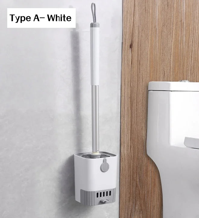 Long Handle Toilet Brush with Drain Base Wall Mounted No Drill Bathroom Cleaning Brush Set – White