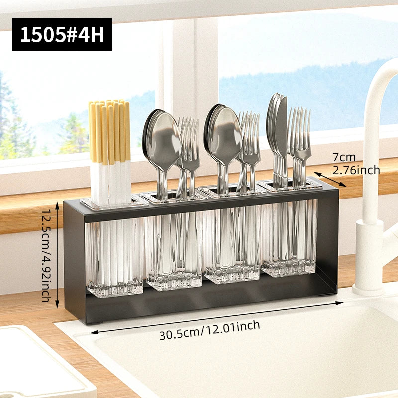 Cutlery Holder 4 Compartment Auto Draining Kitchen Utensil Drying Rack Countertop Organiser – Black
