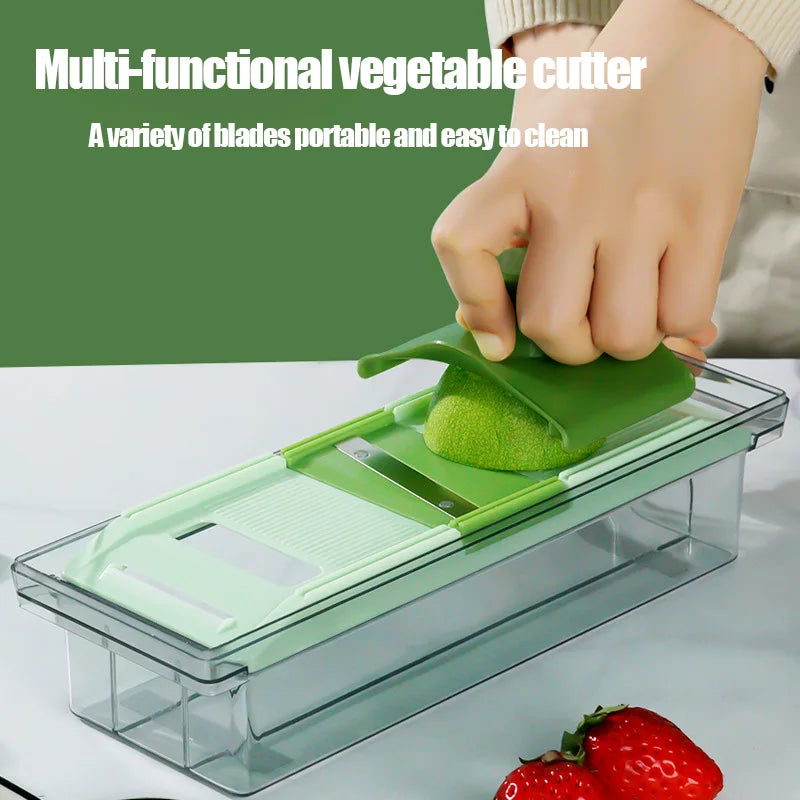 Mandoline Vegetable Slicer Multifunctional Food Slicer Cheese Grater with Storage Container – Green