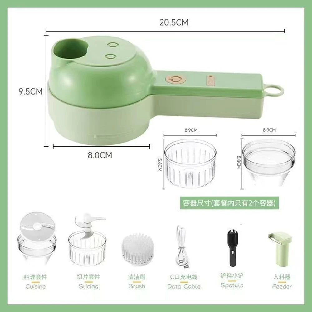 Electric Vegetable Slicer 4 in 1 USB Rechargeable Food Chopper Garlic Crusher Meat Grinder – Green