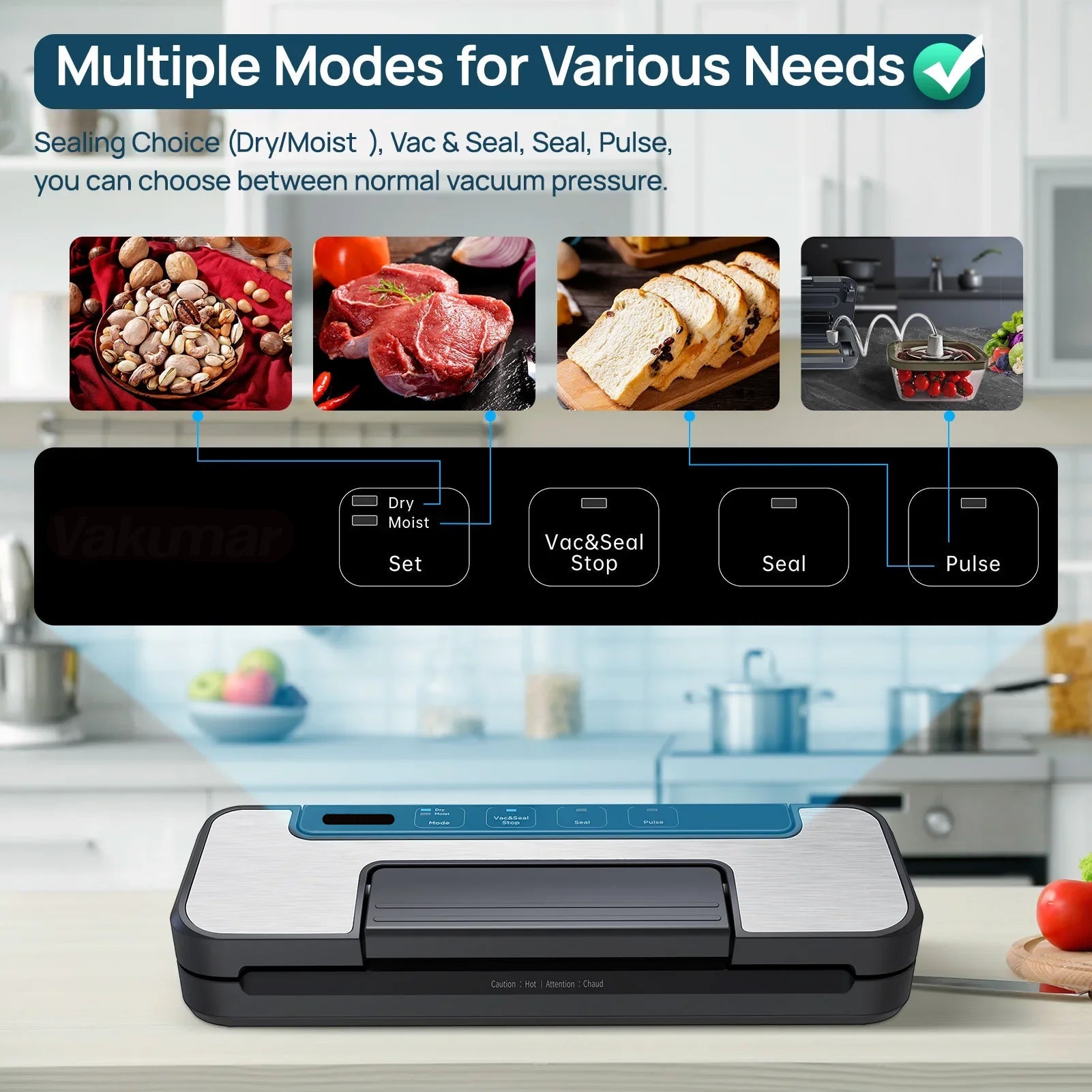 Electric Vacuum Sealer Machine with Sous-Vide Function, LED Touch, and 12mm Heating Strip