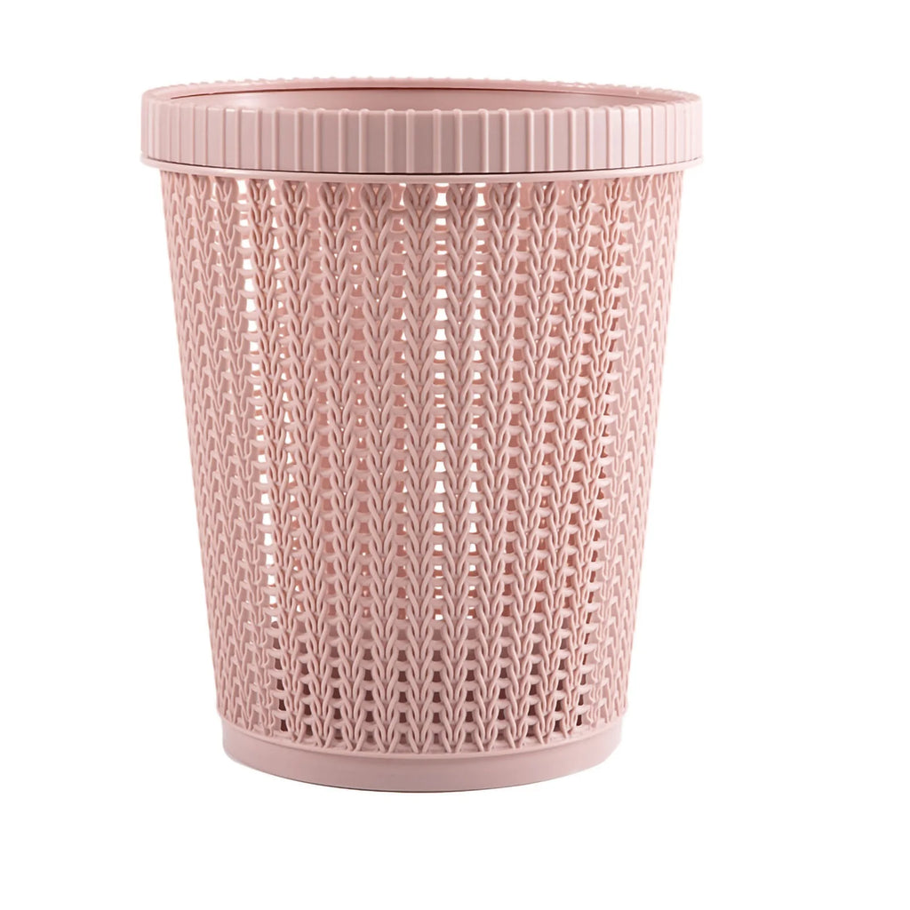 Rubbish Bin Round Rattan-Look Plastic Waste Basket with Built-In Bag Box - Pink