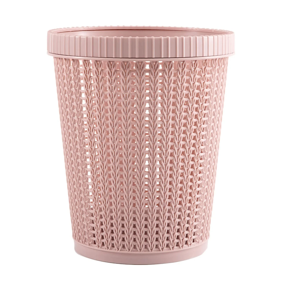 Rubbish Bin Round Rattan-Look Plastic Waste Basket with Built-In Bag Box - Pink