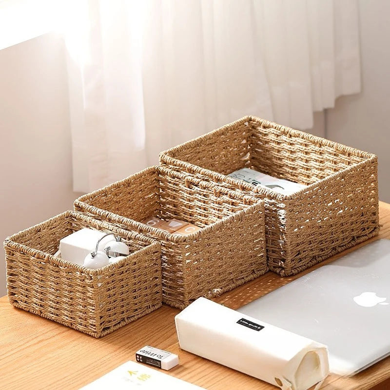 3 Piece Wicker Storage Basket Set Nesting Shelf Organizers for Bathroom Kitchen Closet Home Storage – Coffee