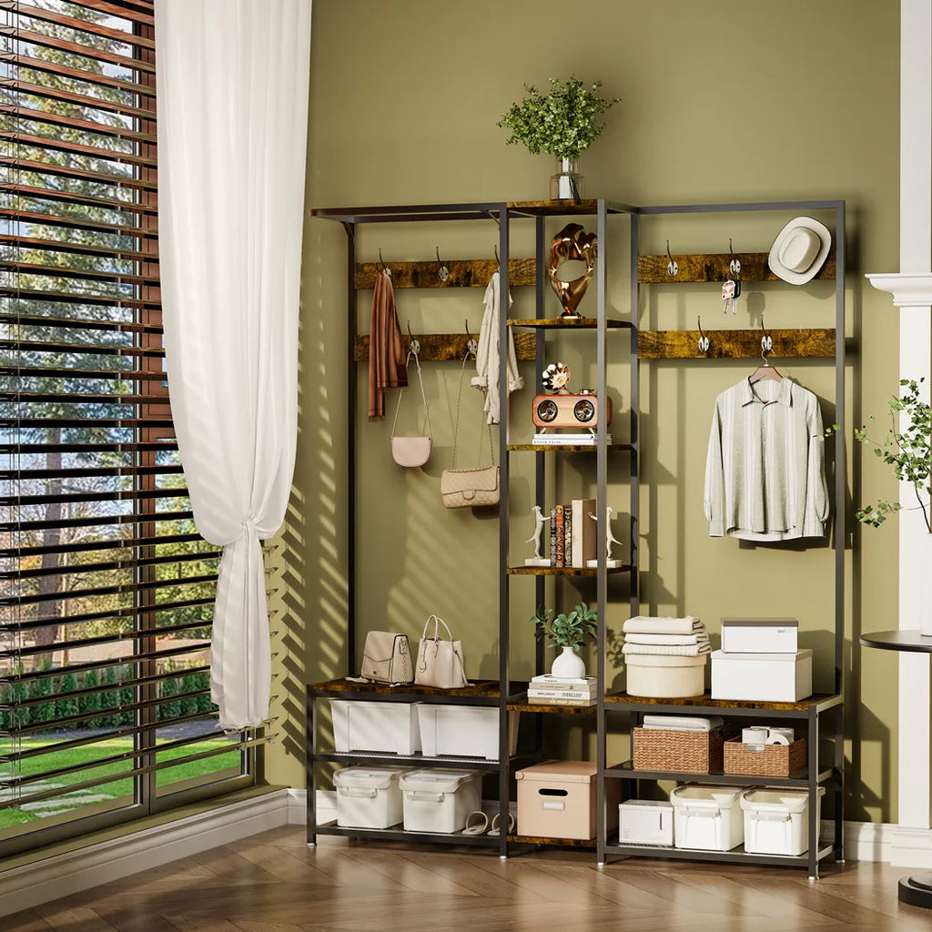 Heavy Duty Hall Tree Coat Rack with Shoe Bench and Shelves Freestanding Entryway Organizer - Black