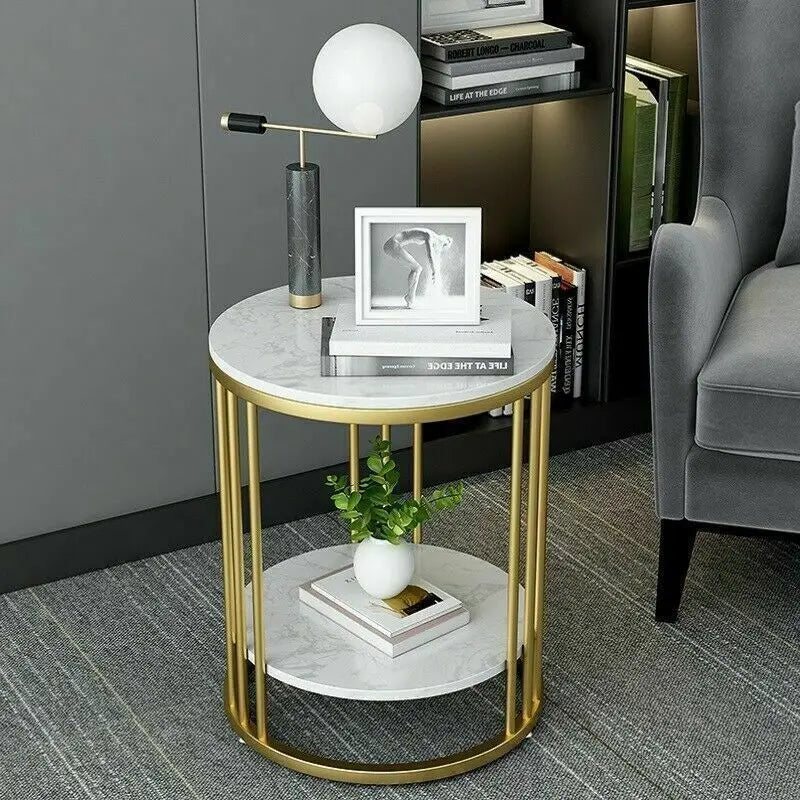2-Tier Round Side Table with Marble-Style Top and Storage Shelf Gold and White