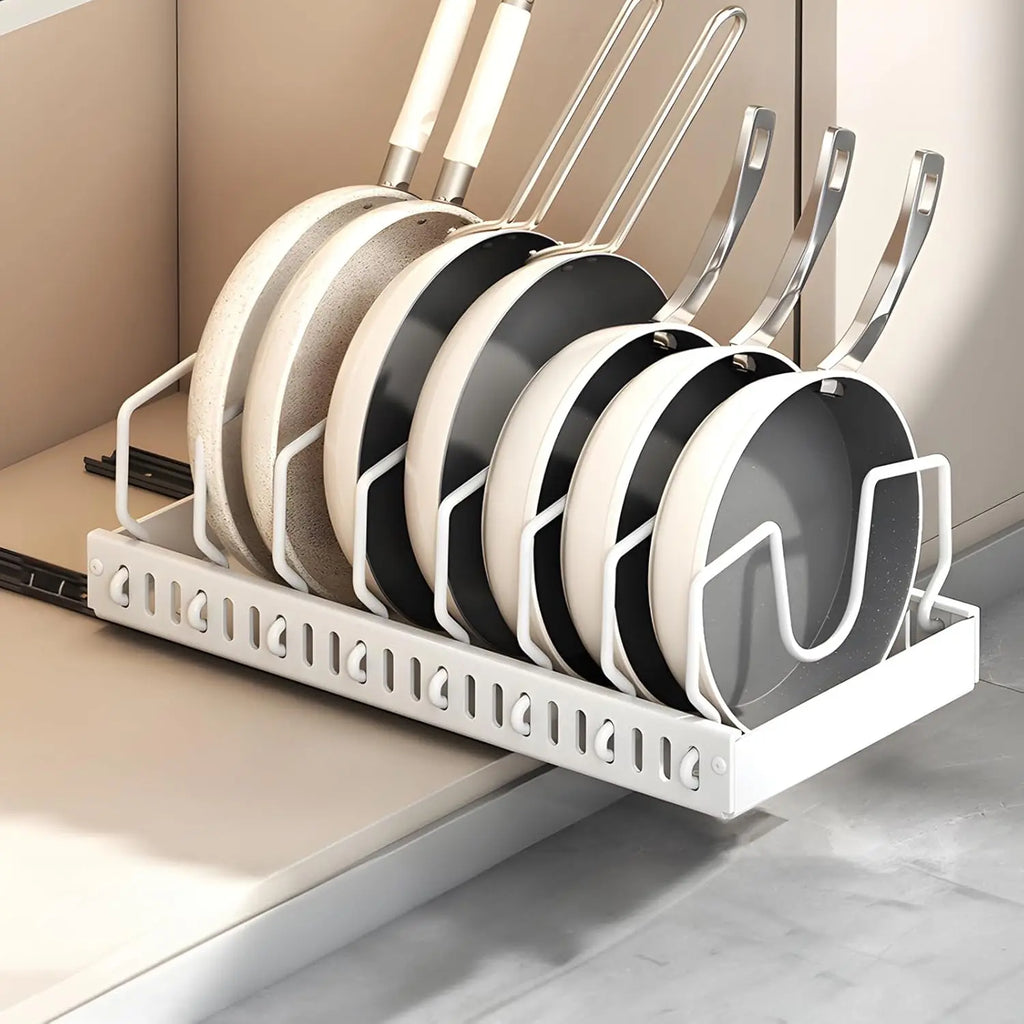 Pull Out Pots and Pans Organizer with Adjustable Dividers Stainless Steel Under Cabinet Storage - White