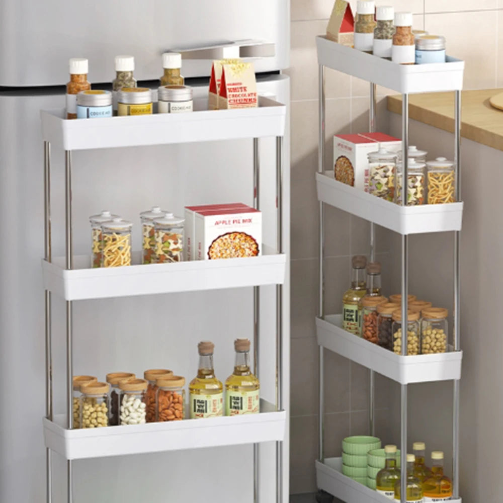 4 Tier Slim Rolling Storage Cart Movable Gap Organizer Shelf Rack for Kitchen Bathroom and Living Room – White