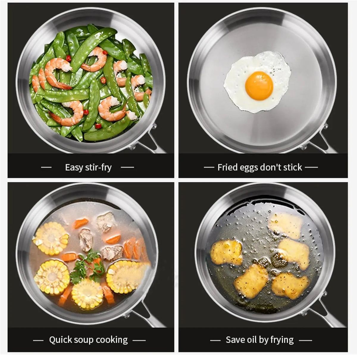Frying Pan 20 cm 316 Stainless Steel Uncoated Skillet with Ergonomic Handle for Gas and Induction Cookers