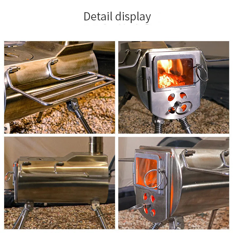 Camping Wood Stove Stainless Steel Portable Tent Heater Firewood Cooking Stove – Silver