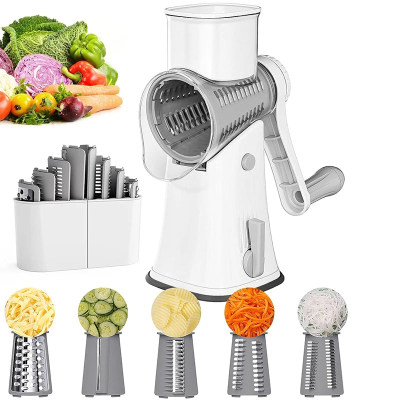 Rotary Cheese Grater 5-in-1 Stainless Steel Vegetable Slicer Nut Chopper - White