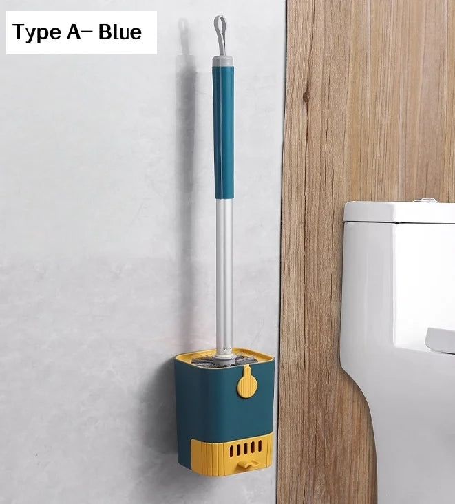 Long Handle Toilet Brush with Drain Base Wall Mounted No Drill Bathroom Cleaning Brush Set – Blue