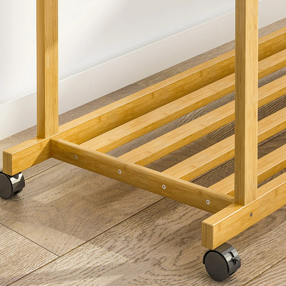 Bamboo Clothes Rack with Double Hanging Rails Rolling Garment Stand with Storage Shelf and Side Rail – Natural Wood