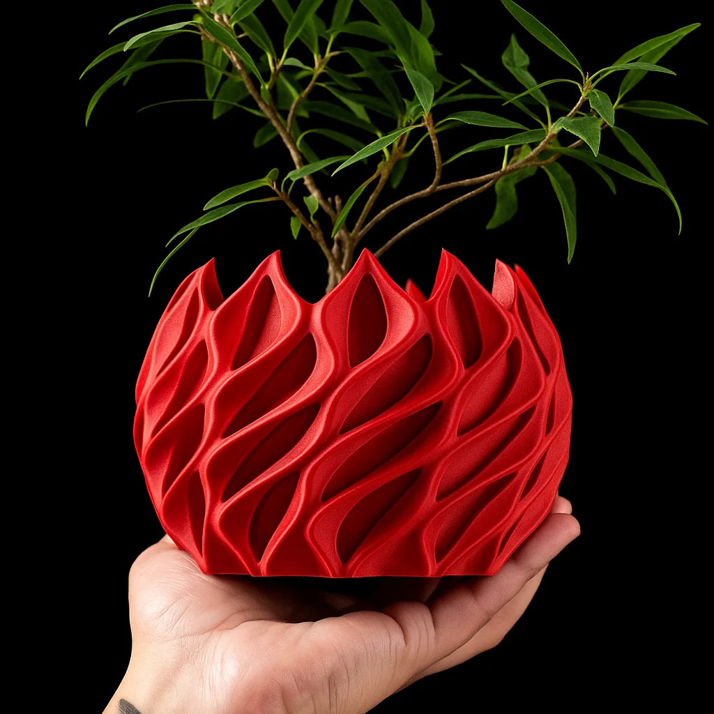 3D Printed Flower Pot – Modern Biodegradable Desktop Planter Matte Lava - Red