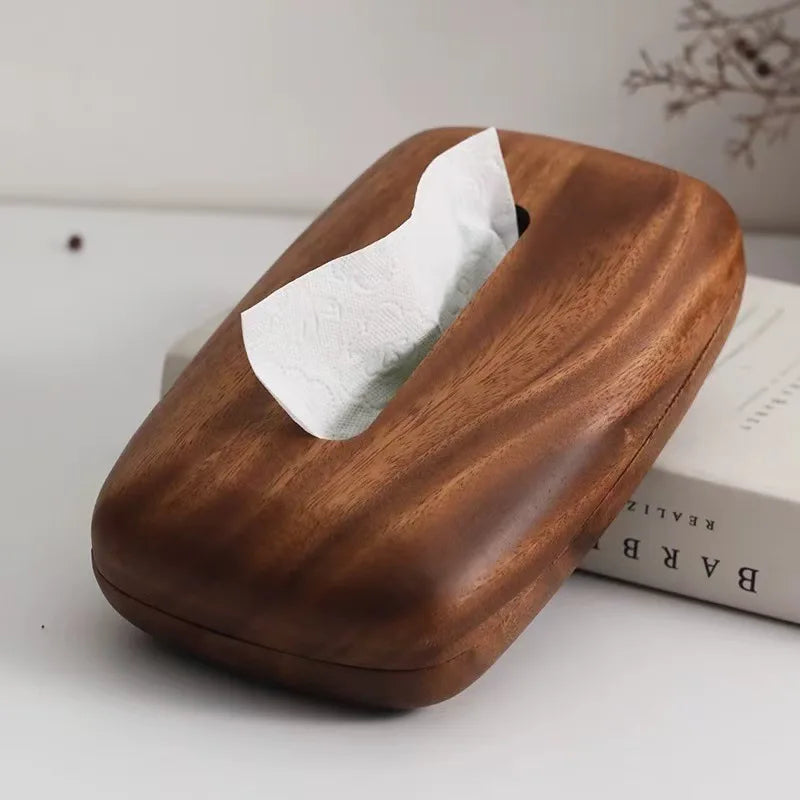 Solid Wood Tissue Box Cover Walnut Finish Desktop Tissue Holder for Home Office and Bathroom – Walnut