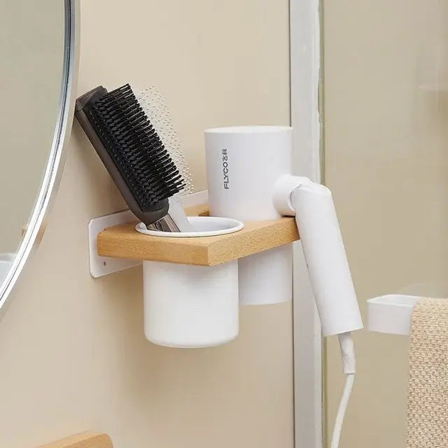 Portable Wall Mounted Hair Dryer Holder Wooden Bathroom Styling Tool Organizer - Black