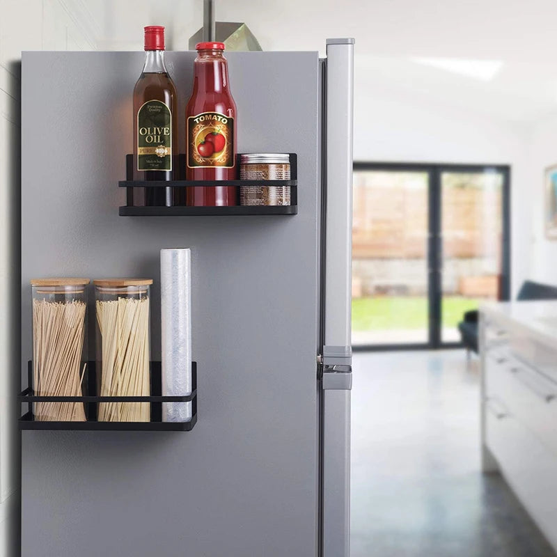 Magnetic Refrigerator Spice Rack Single Tier Metal Storage Shelf Kitchen Organizer – Black