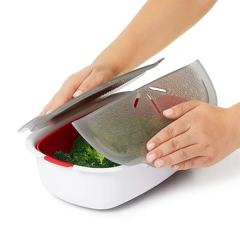 Microwave Food Steamer with Lid Large Capacity Plastic Steam Cooker for Vegetables Fish Dumplings and Buns – Red