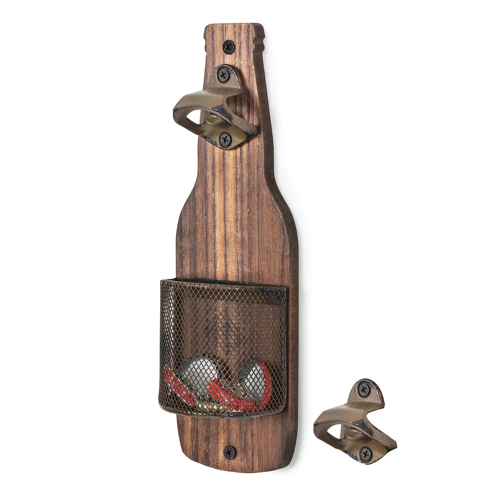 Industrial Wall Mounted Beer Bottle Opener with Cap Catcher Rustic Wooden Bottle Shaped Bar Opener – Brown