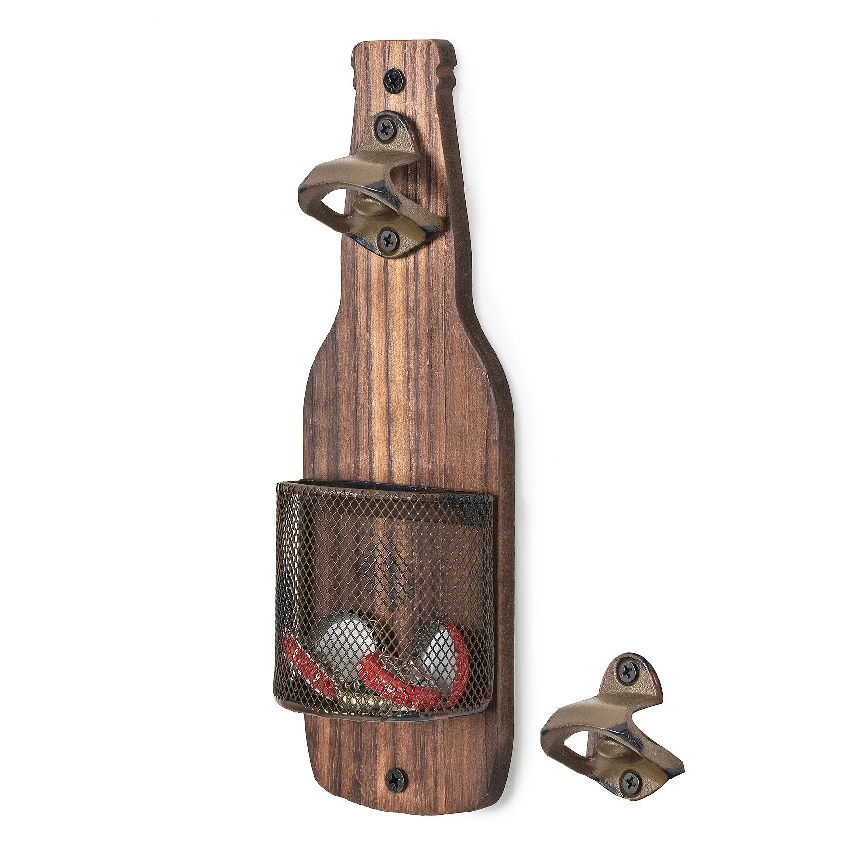 Industrial Wall Mounted Beer Bottle Opener with Cap Catcher Rustic Wooden Bottle Shaped Bar Opener – Brown