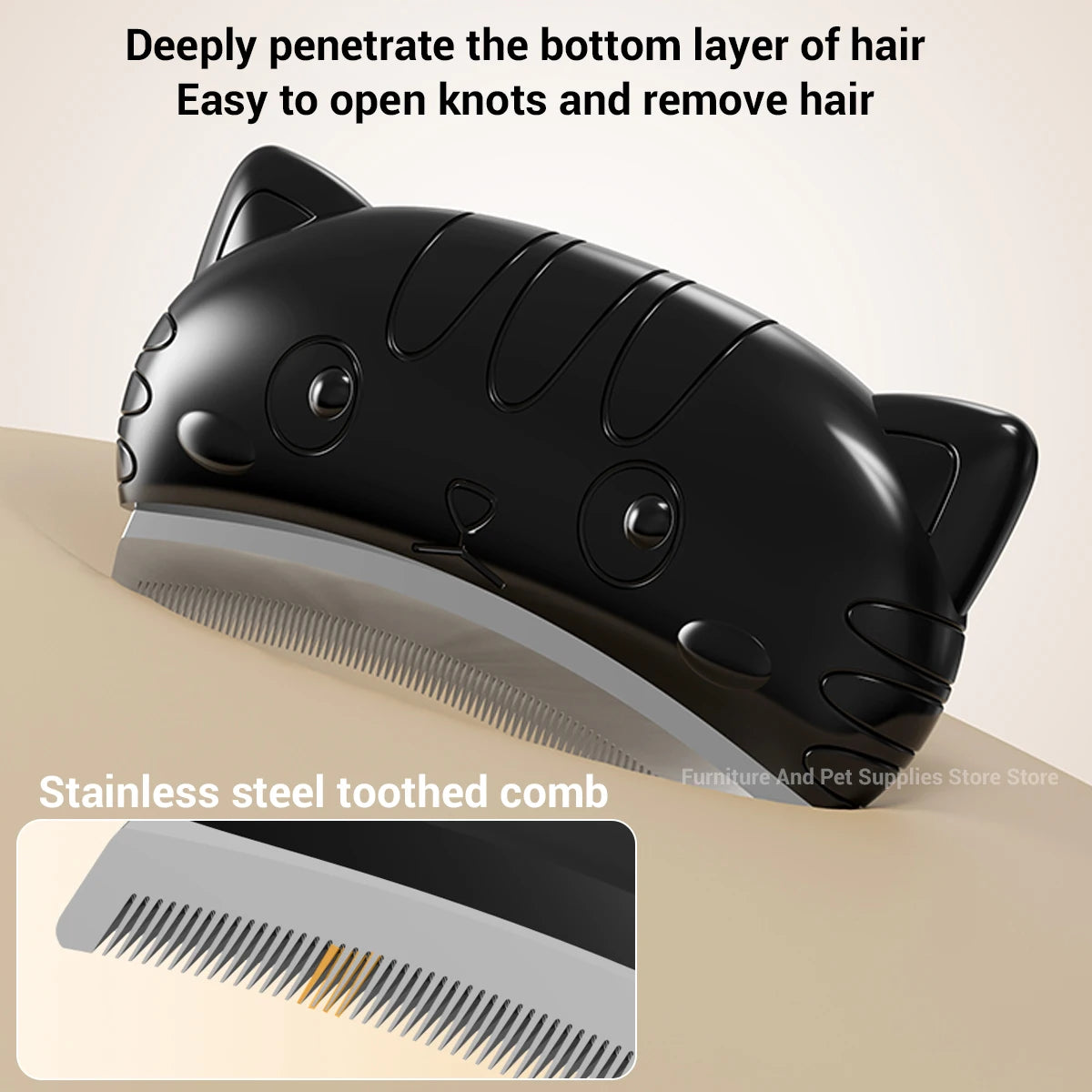 Pet Grooming Brush Stainless Steel Detangling Hair Removal Comb for Short & Long Coat - Black