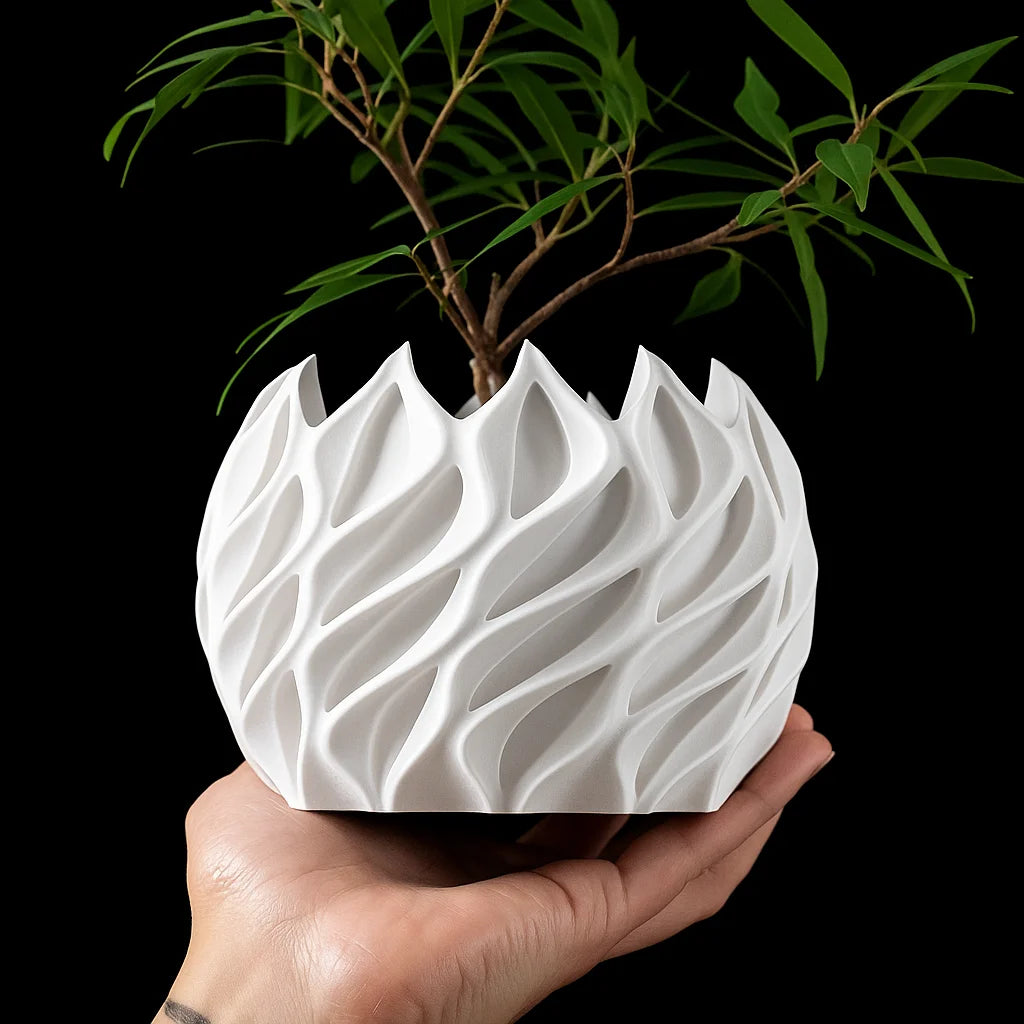 3D Printed Flower Pot – Modern Biodegradable Desktop Planter - White