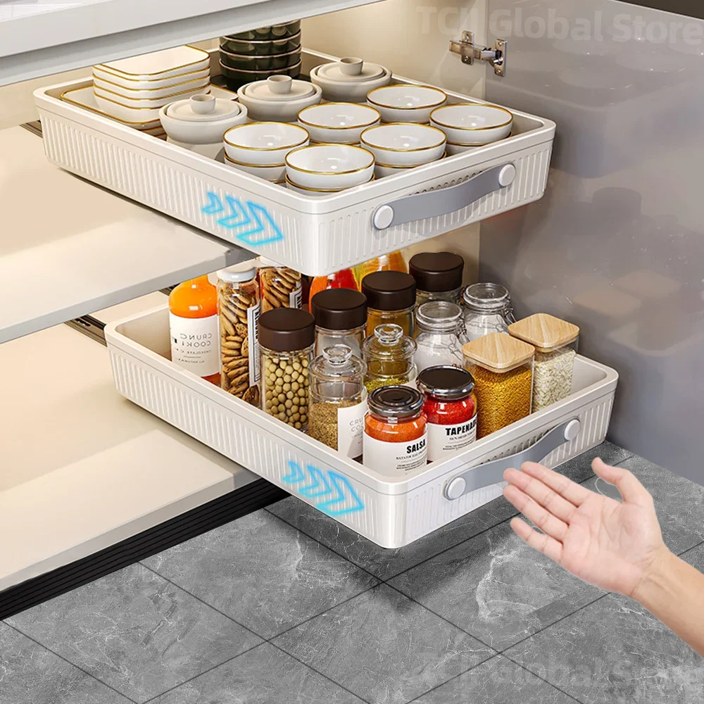 Kitchen Sliding Cabinet Shelf – Pull-Out Storage Tray with Slide Rails – Drawer Organizer for Pantry, Dishes, and Bowls – 1pc M