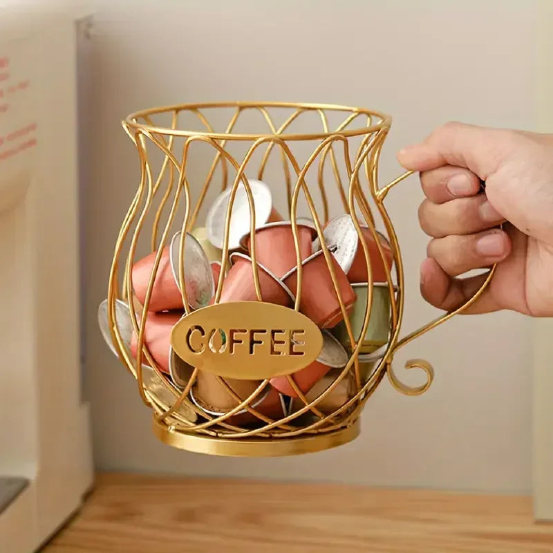 Coffee Capsule Holder Iron Hollow Basket Storage Display Stand – Gold