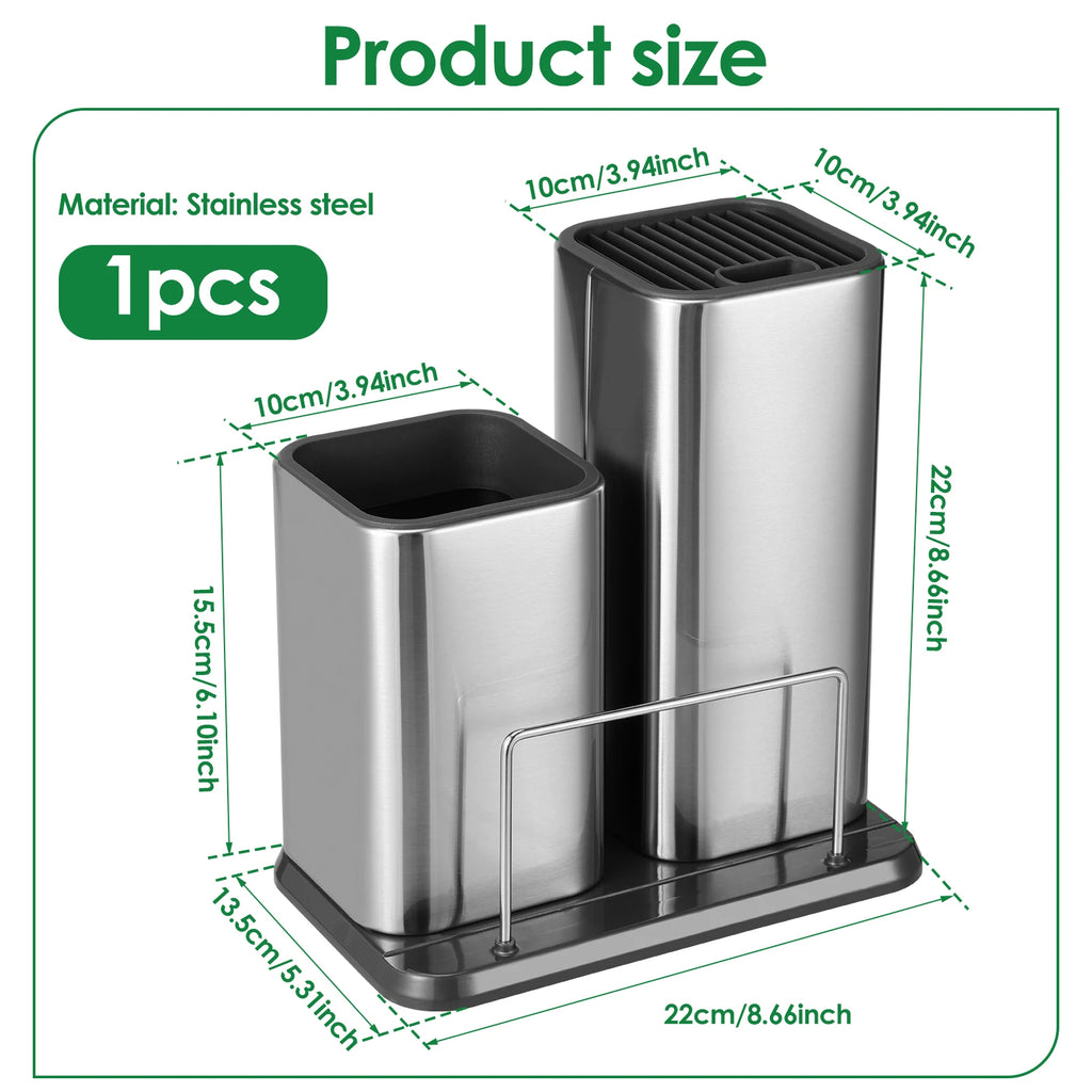 Knife and Utensil Holder 22 cm Stainless Steel Countertop Cutlery Organiser with Removable Sections