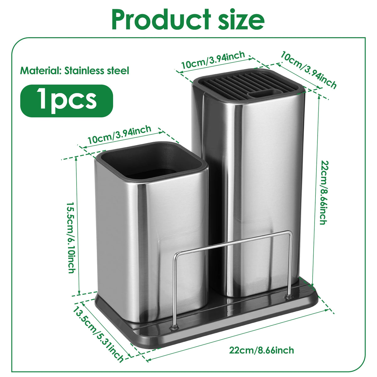 Knife and Utensil Holder 22 cm Stainless Steel Countertop Cutlery Organiser with Removable Sections