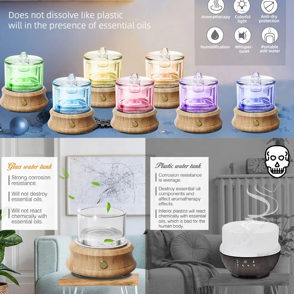 Diffuser Humidifier Portable LED Glass Aroma Mist Machine 80ml USB Desktop Home Decor