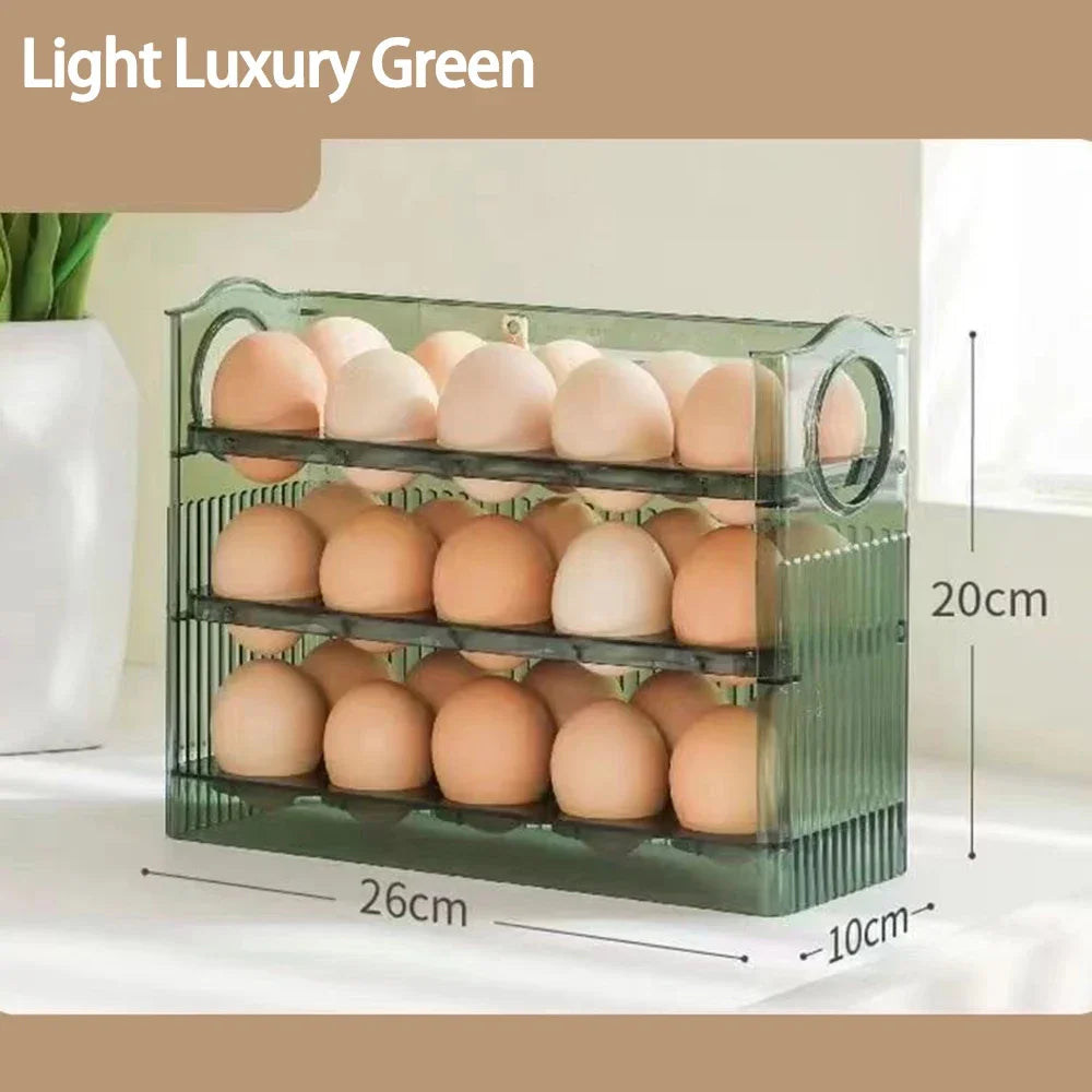 Egg Storage Container 30 Egg 3 Tier Flip Fridge Organiser Portable Date Dial Tray – Green