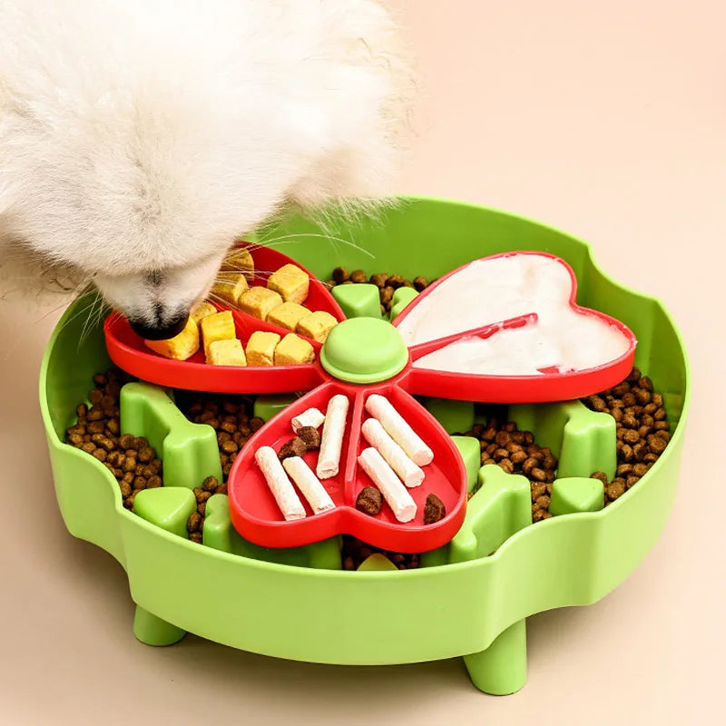 Pet Slow Feeder Bowl Round Puzzle Feeding Dish for Controlled Mealtimes - Green