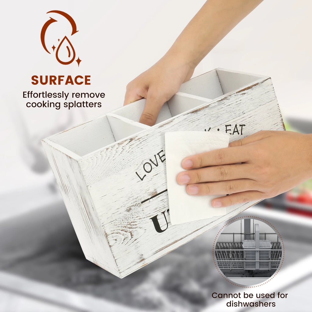 Utensil Holder 3 Compartment 30 × 12 × 17.5 cm Wooden Kitchen Cutlery Organiser - White