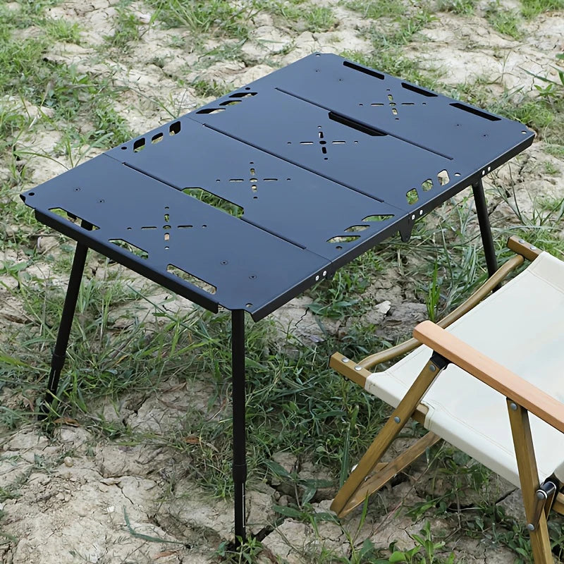 Folding Camping Table Adjustable Height Aluminium Frame with Side Rack - Black