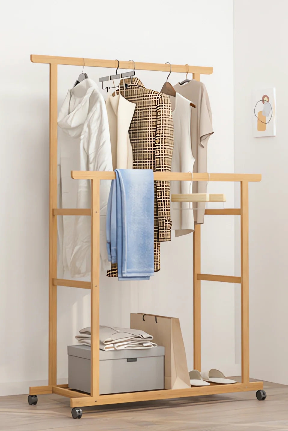 Bamboo Clothes Rack with Double Hanging Rails Rolling Garment Stand with Storage Shelf and Side Rail – Natural Wood