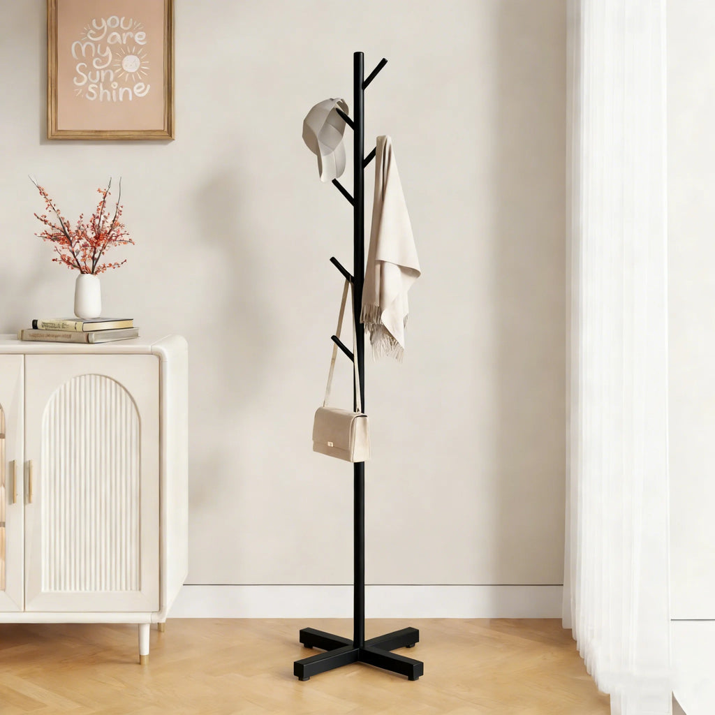Clothes Rack Stand Metal Floor Standing Organizer Multi Hook Garment Hanger for Bedroom Living Room - Black