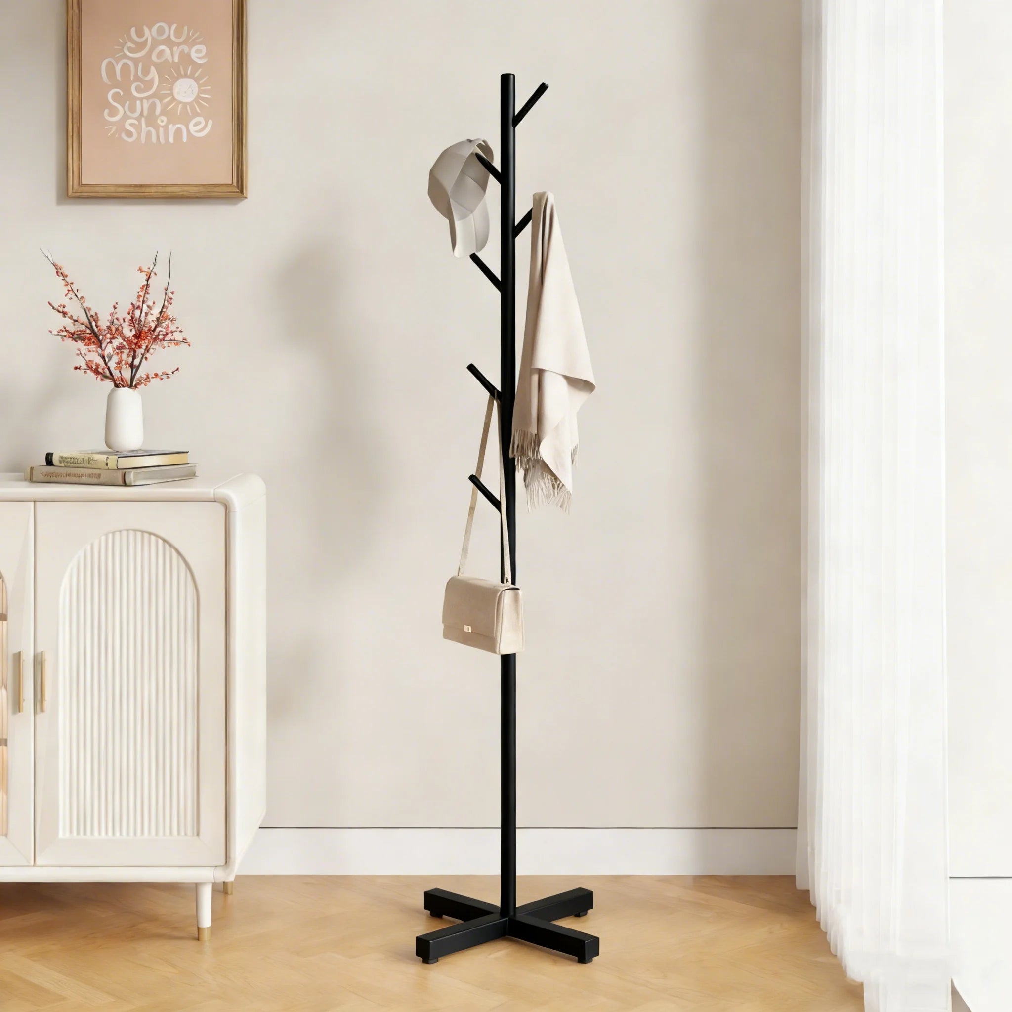 Clothes Rack Stand Metal Floor Standing Organizer Multi Hook Garment Hanger for Bedroom Living Room - Black