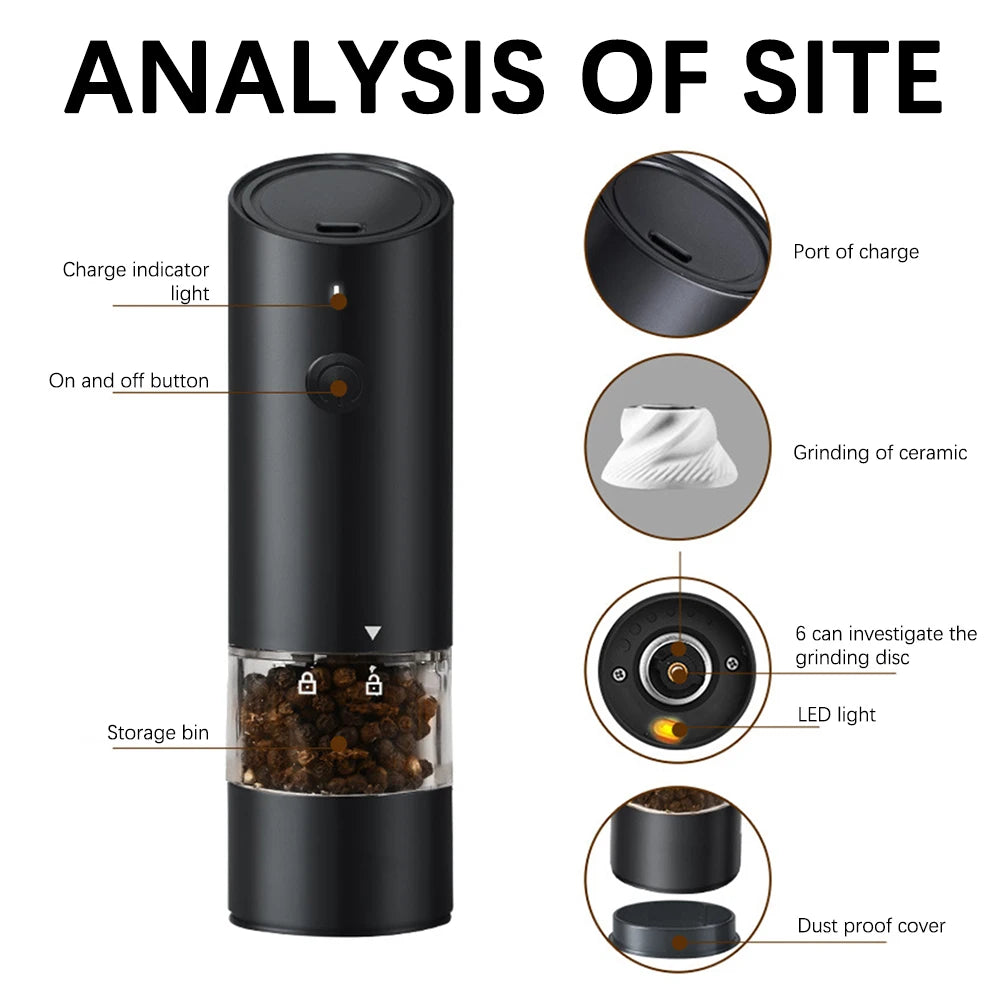 Electric Spice Mill 16.9 cm Rechargeable Adjustable Coarseness with Built-In Light - Red