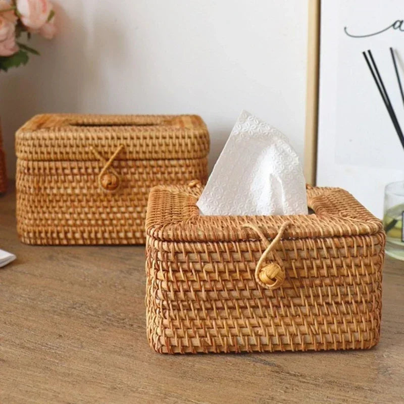 Tissue Box Handmade Rattan Woven Cover Holder for Bathroom Home Office - Small