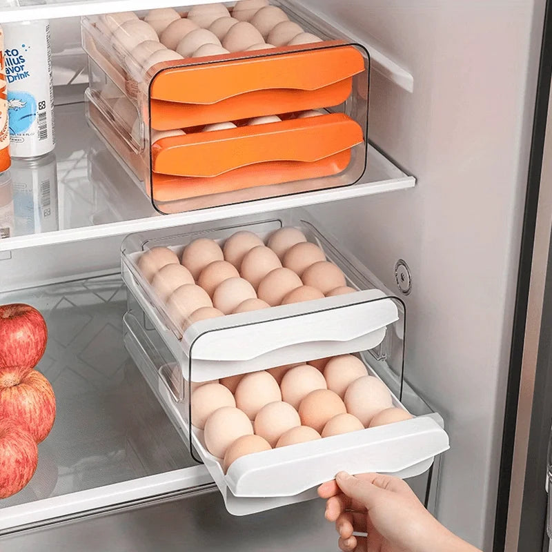 Egg Storage Box 32 Grid 2 Layer Drawer Fridge Organiser with Lid Reusable Container