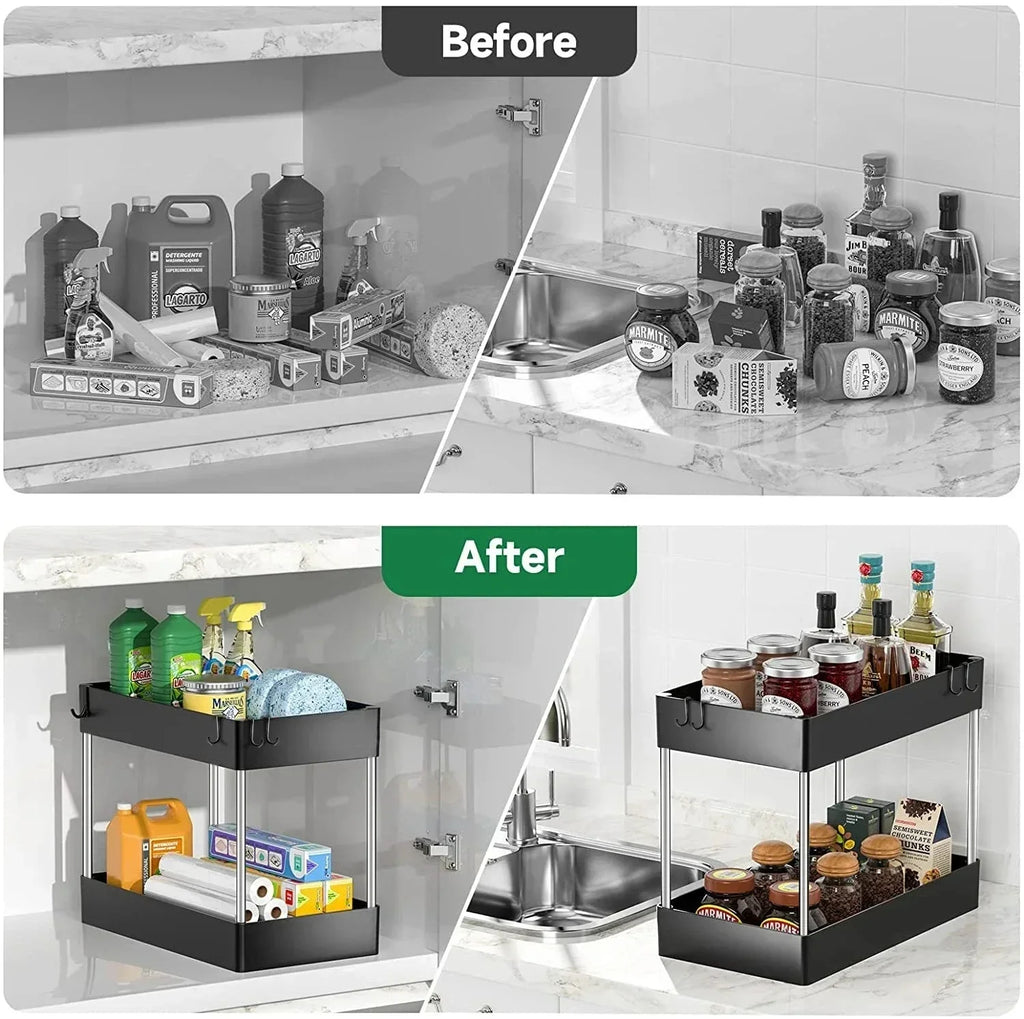 2 Tier Under Sink Storage Organizer with Sliding Drawer and Side Hooks Cabinet Shelf Rack – White
