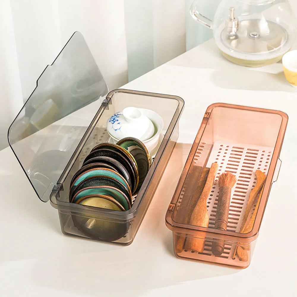Tableware Storage Box 27cm Plastic Chopstick Holder With Lid And Drainage Tray – Brown