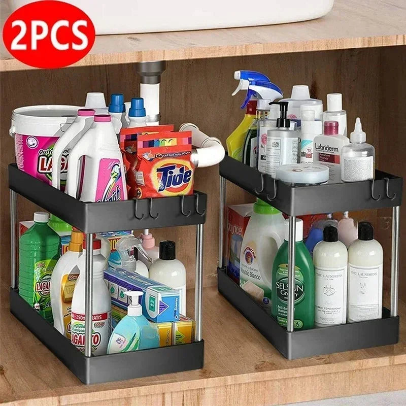 2 Tier Under Sink Storage Organizer with Sliding Drawer and Side Hooks Cabinet Shelf Rack – Black