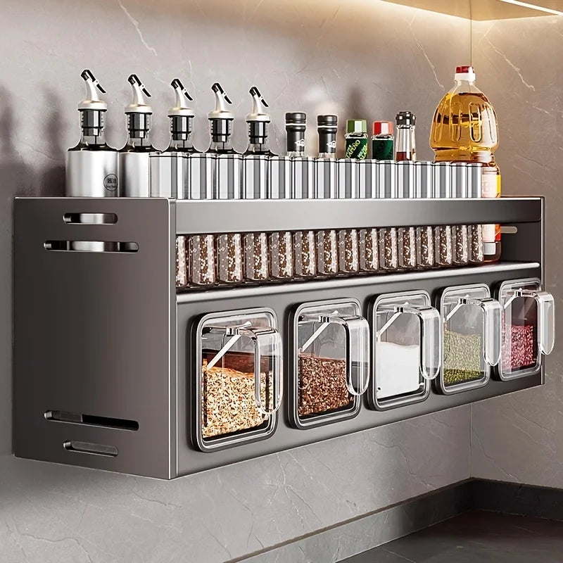 Wall Mounted Kitchen Spice Rack Storage Set with Sealed Containers and Dispensers