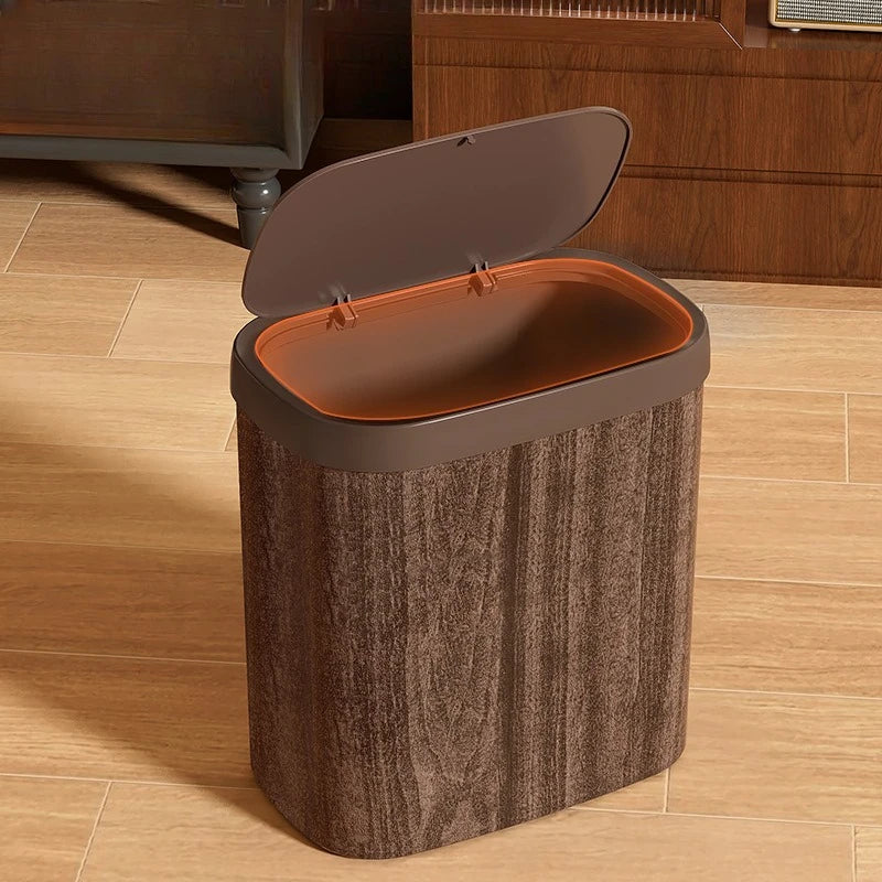 Slim Trash Can Wood Grain Design Swing Lid Compact Garbage Bin for Bathroom Kitchen Coffee